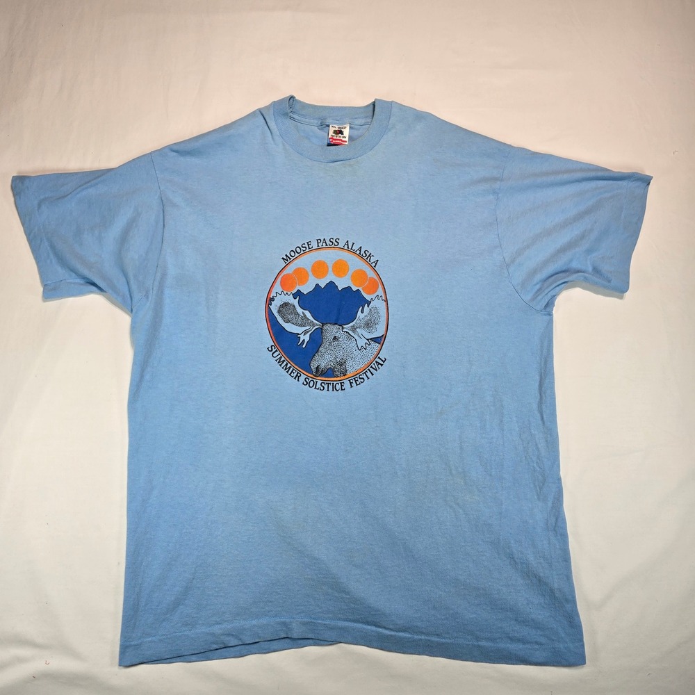 Vintage Fruit of the Loom Moose Pass Alaska Summer Solstice T-Shirt XXL Blue
